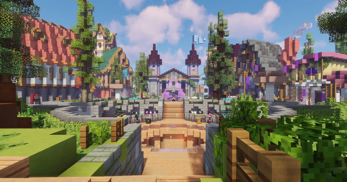 The new Spawn Island village, with the central Pit ahead